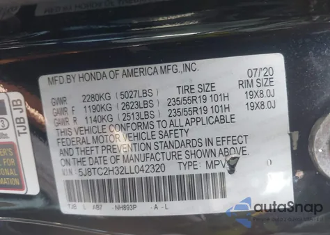 2020 Acura Rdx Standard из США, поврежденный, VIN 5J8TC2H32LL042320